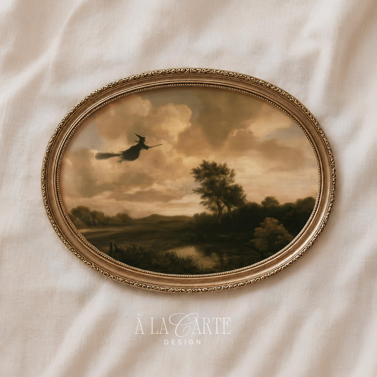 Atmospheric Halloween wall art — airborne enchantress over peaceful pastoral landscape with pond detail
