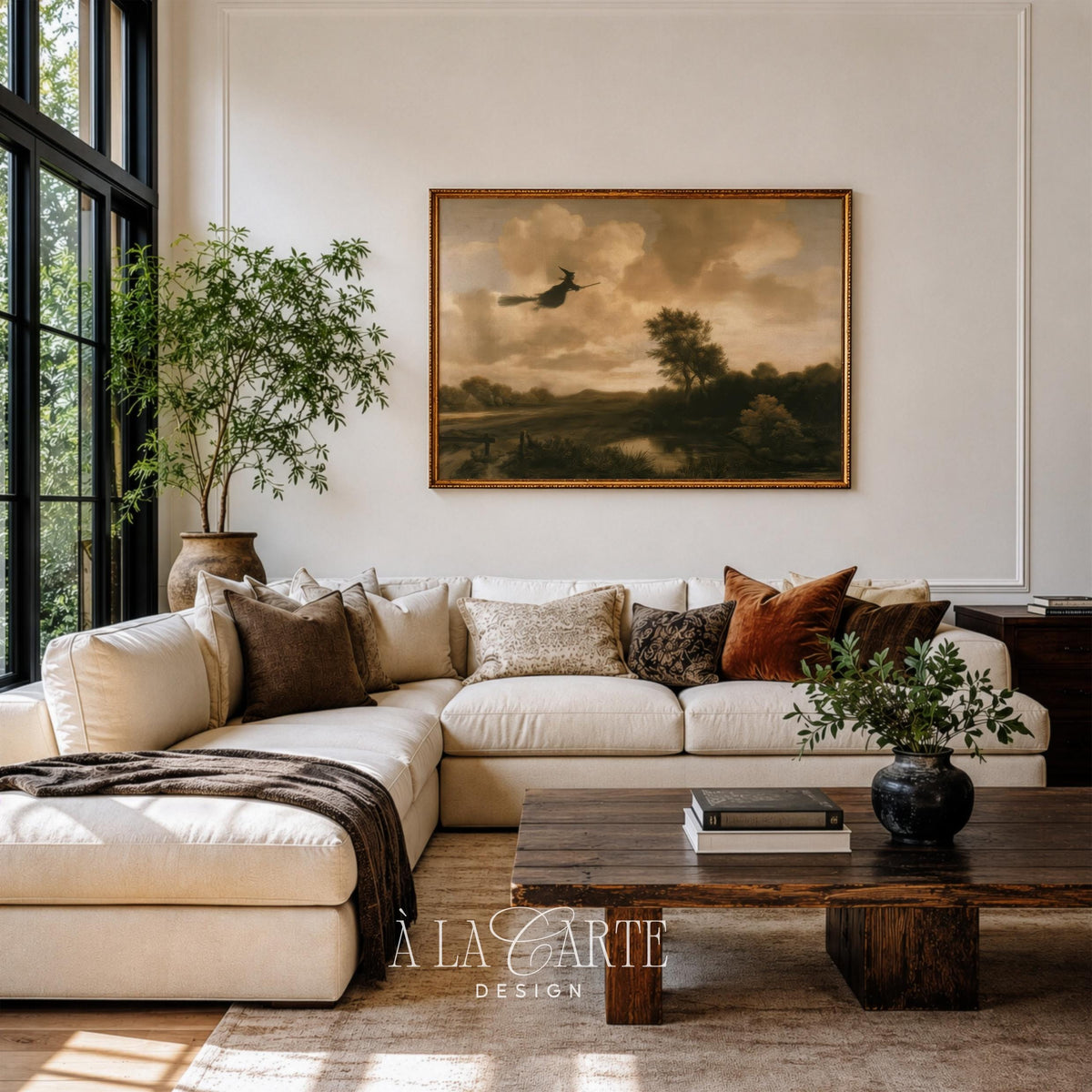 Occult-themed gallery wall art featuring shadowy flyer over serene meadow and distant trees