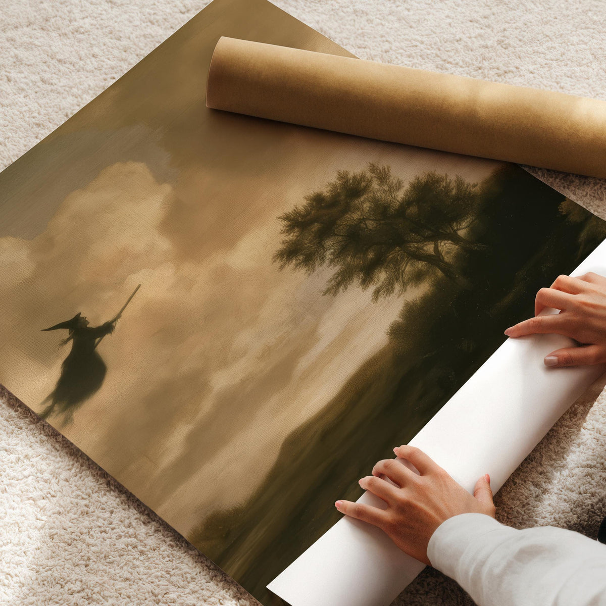 Spooky-romantic wall decor for study — vintage sorceress silhouette in dramatic cloudy atmosphere