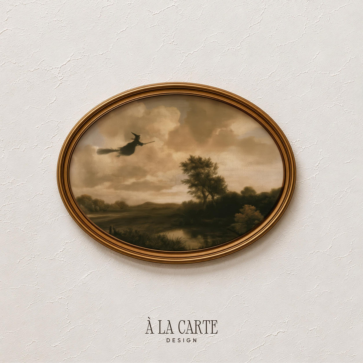 Witch flying on broomstick printable art — moody vintage sky with countryside landscape below