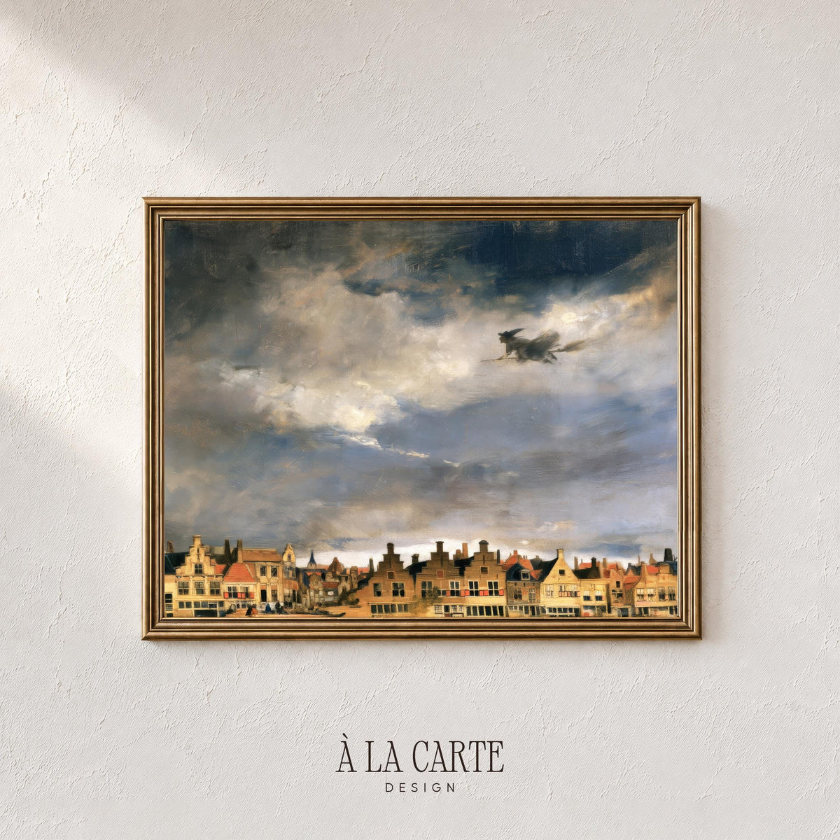 Mystical sky rider wall art instant download — autumn Halloween scene with fine-art vintage brushwork and village roofline composition