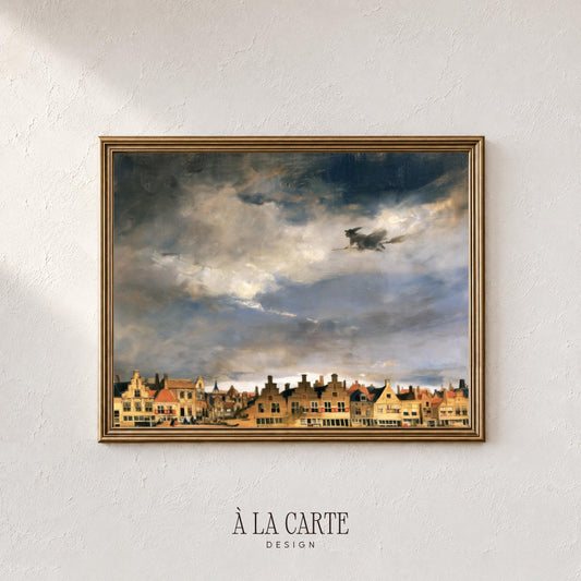 Mystical sky rider wall art instant download — autumn Halloween scene with fine-art vintage brushwork and village roofline composition