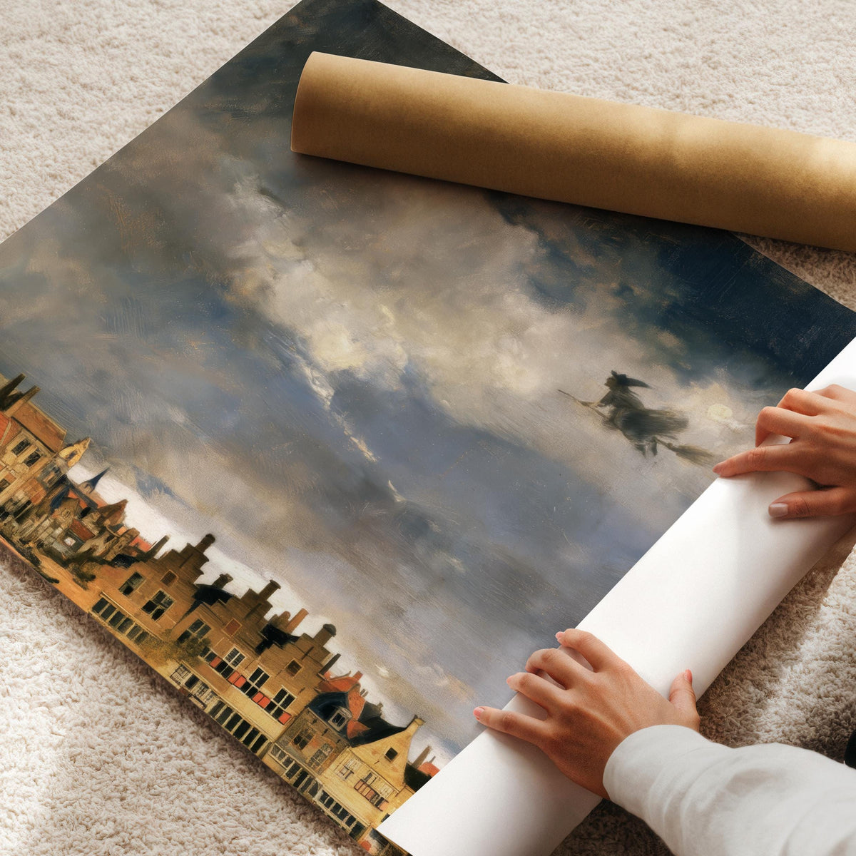 Broomstick rider silhouette wall art for living room — atmospheric autumn scene with dramatic clouds and townhouse rooftops