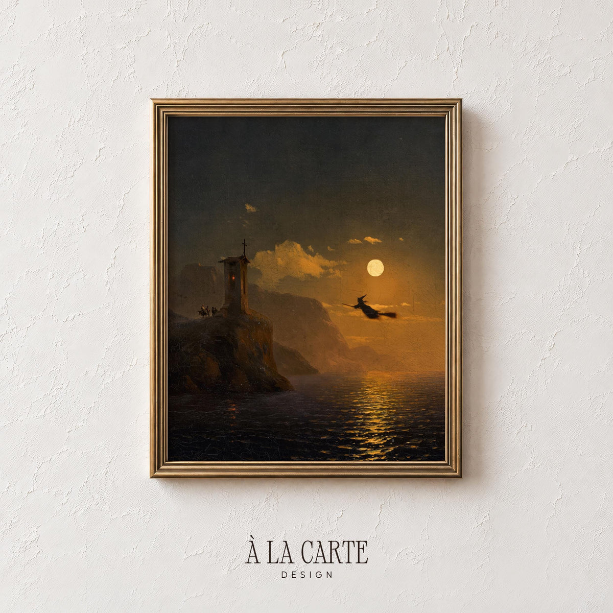 Flying figure midnight landscape wall art digital download — eerie vintage Halloween painting with luminous full moon and mysterious seaside tower