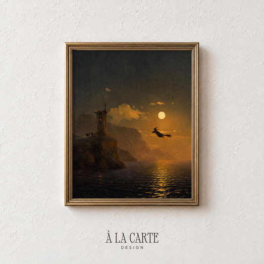 Flying figure midnight landscape wall art digital download — eerie vintage Halloween painting with luminous full moon and mysterious seaside tower