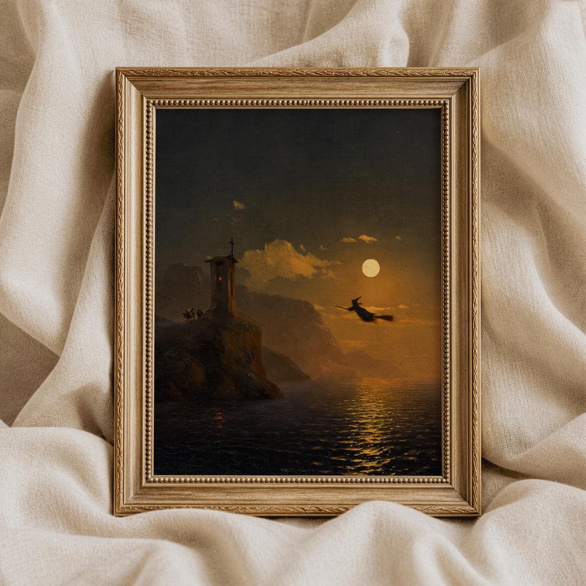 Witch silhouette across glowing moon poster — atmospheric Halloween gallery wall art with painterly brushwork and muted gold tones