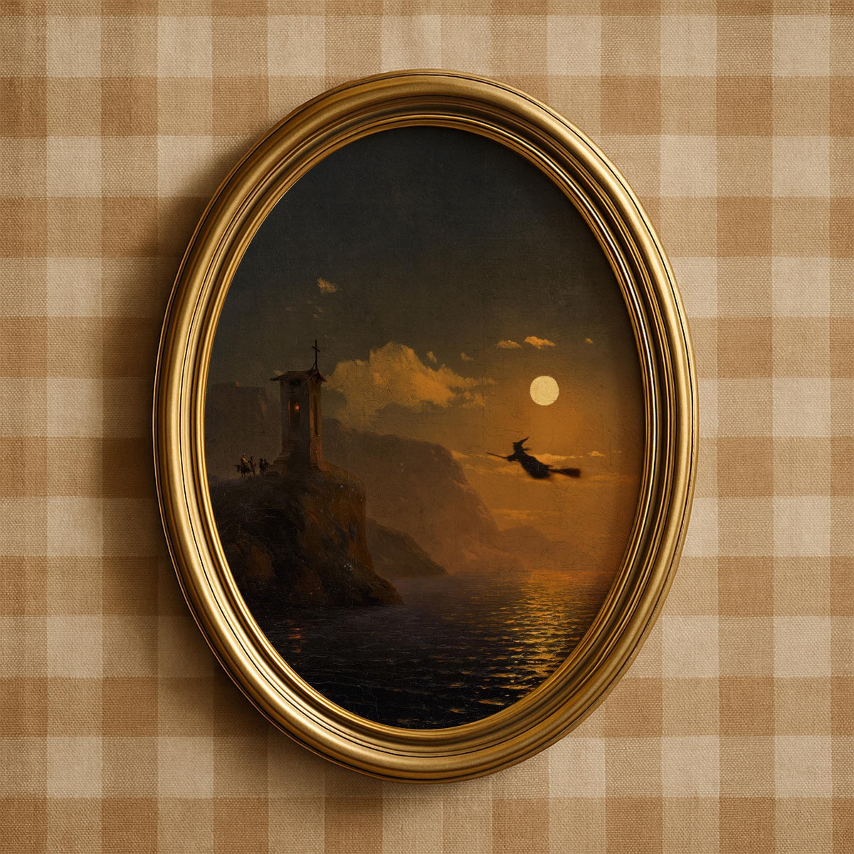 Moonrise sorcery printable picture for study — brooding dark vintage aesthetic featuring airborne figure over rocky coastal clifftop