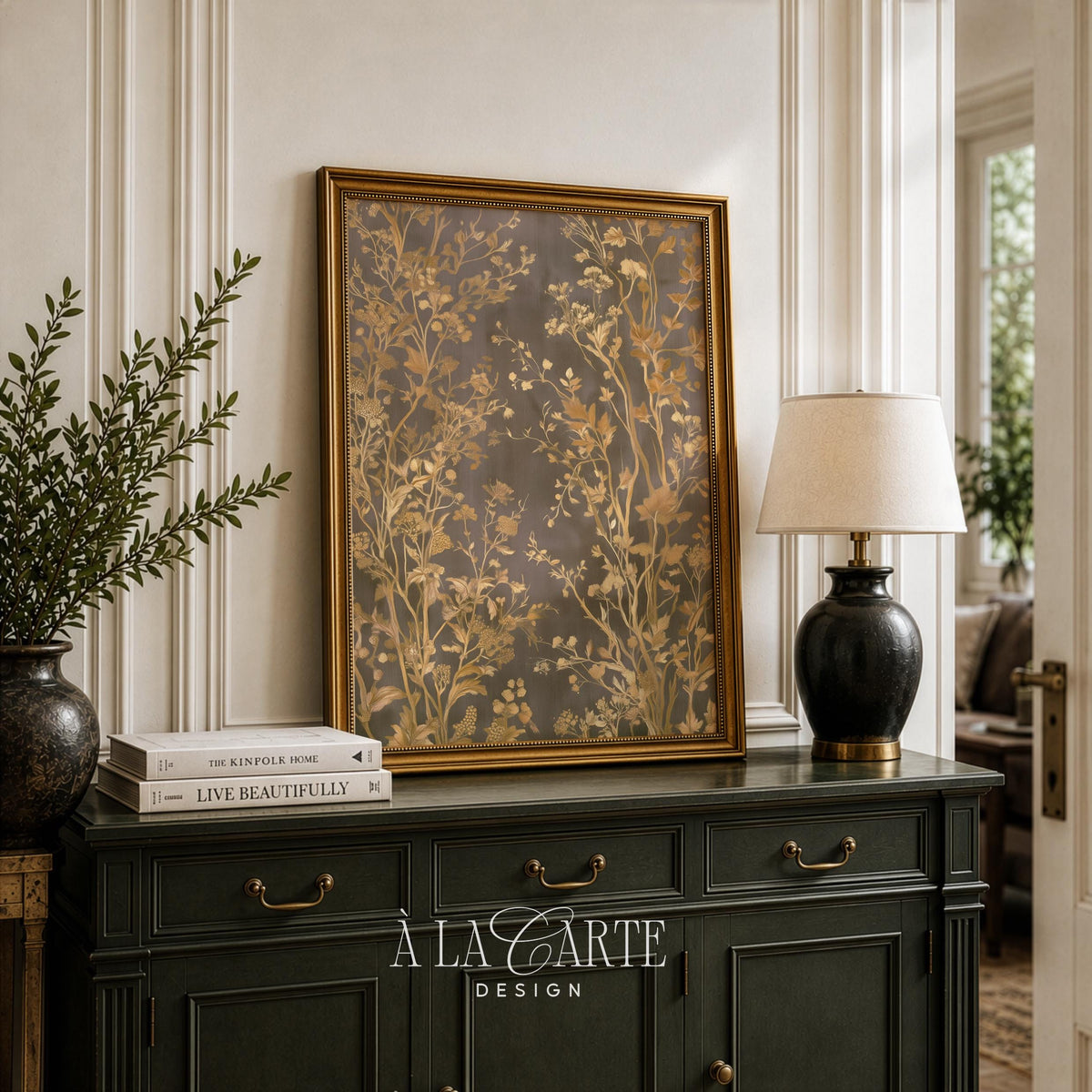 Antique textile art printable for home office — delicate leaf patterns with weathered patina on cream-brown background