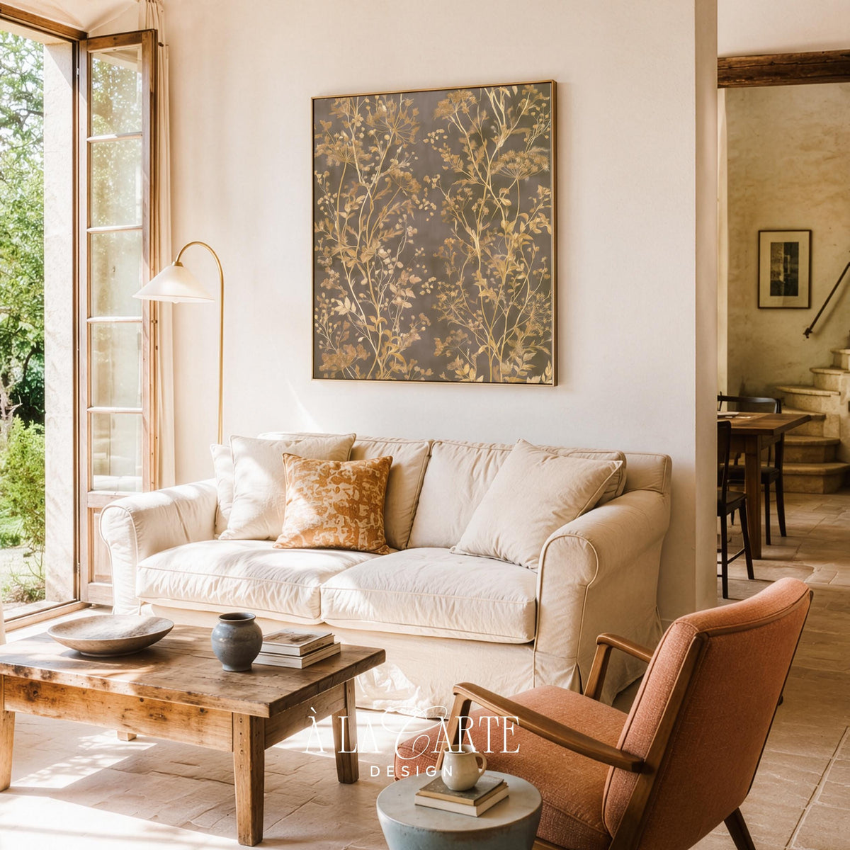 Moody flora poster wall art for farmhouse style — antique-inspired branching elements with warm amber backdrop