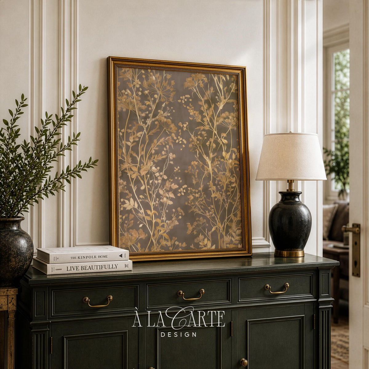 Antique botanical illustration printable art — aged tapestry aesthetic with branching stems and subtle patina