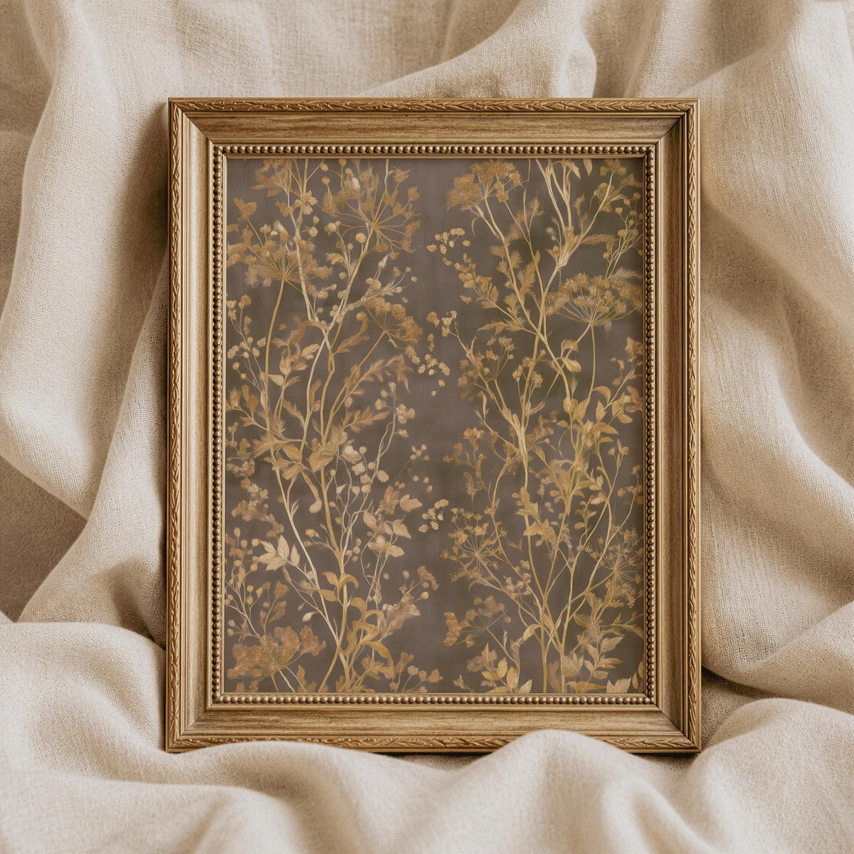 Vintage botanical tapestry wall art featuring delicate branching stems in gold and brown tones against charcoal background