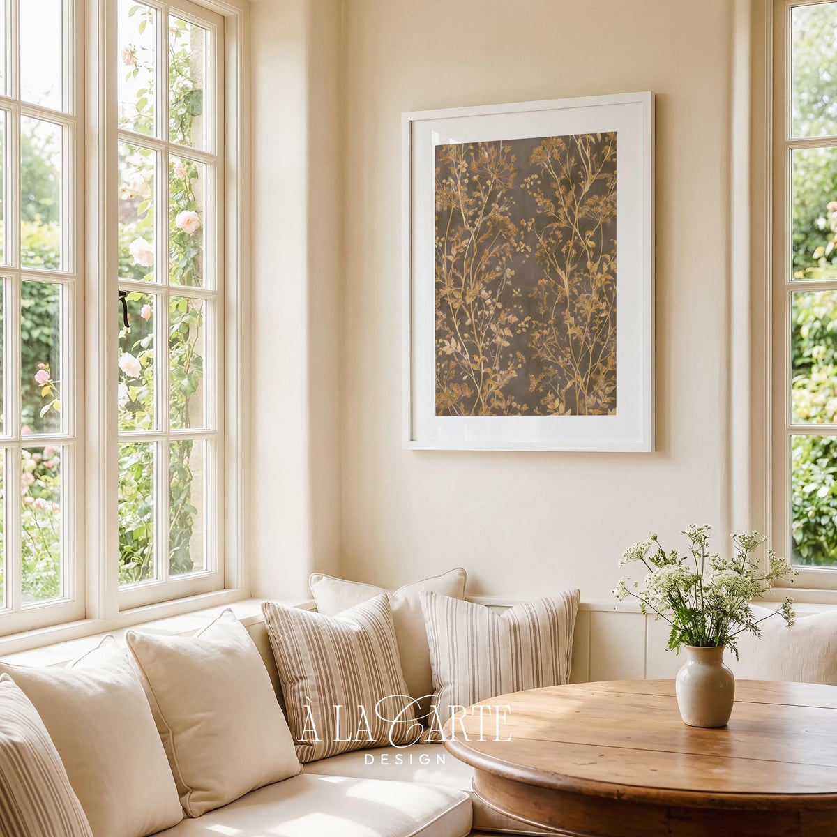 Antique foliage poster printable art for bedroom — moody botanical illustration with aged textile aesthetic
