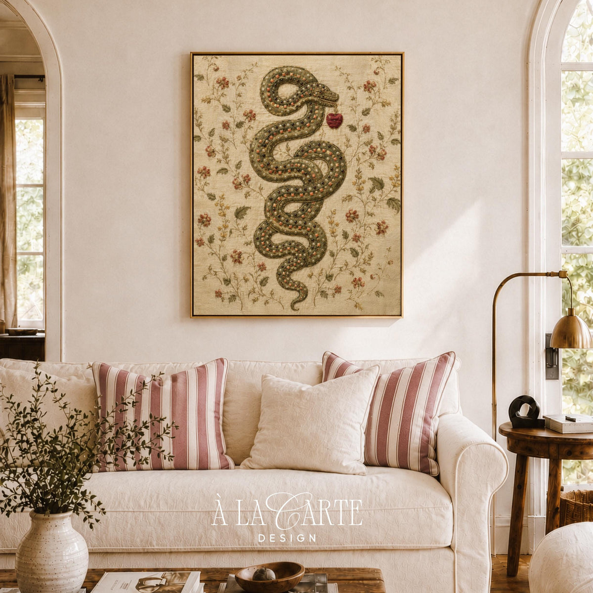 Antique textile art poster showing coiled creature with fruit — heirloom-style design featuring intricate linework and vintage florals
