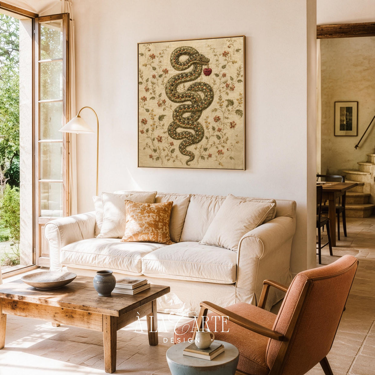 Heirloom textile-inspired poster featuring jeweled serpent — moody cottagecore aesthetic with cream and pink florals on aged background
