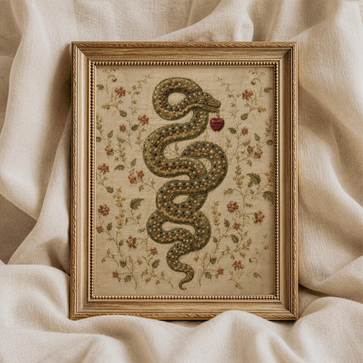 Vintage serpent picture for office — antique needlework-style design with ruby-red fruit and aged floral background