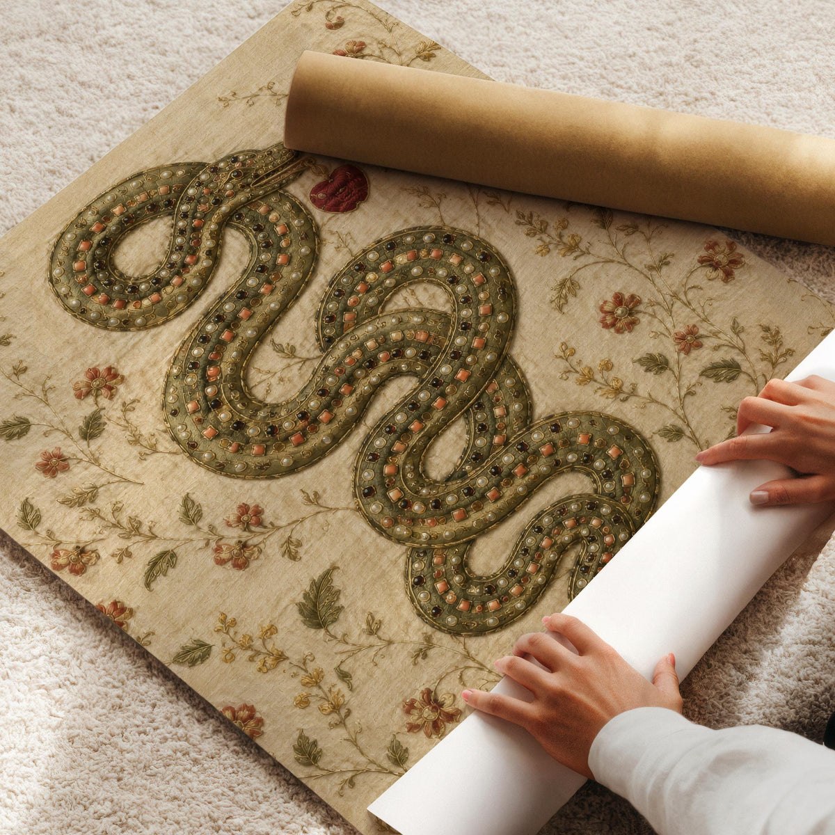 Botanical tapestry wall art featuring coiled reptile — intricate embroidered look with jewel-toned hues and trailing vines