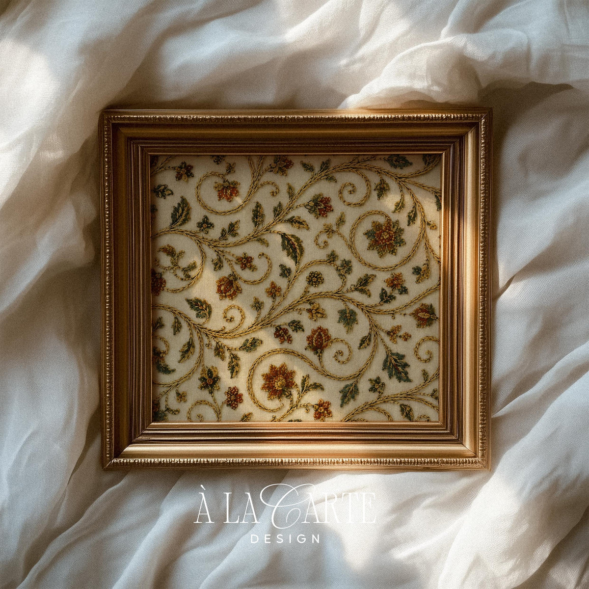 Antique scroll tapestry picture art — delicate vine motifs and small flowers on traditional cream palette