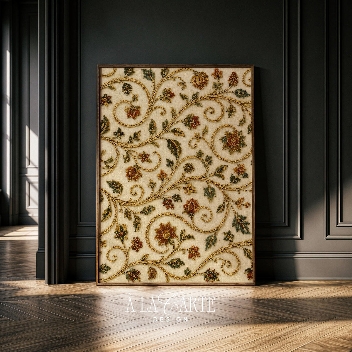 Ornamental vine artwork for dining room — antique brocade-style print with repeating botanical flourishes