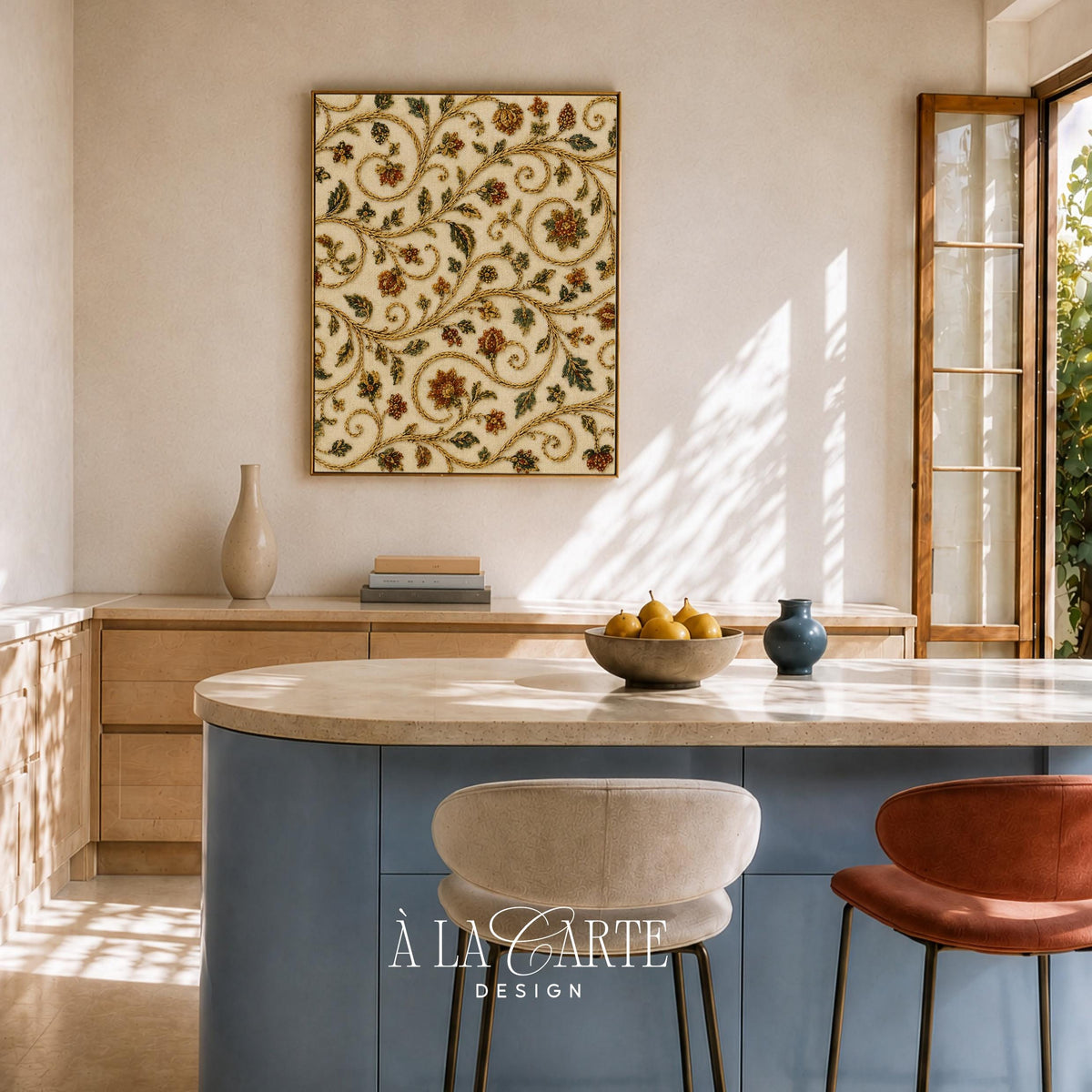 Traditional floral scroll print featuring antique-inspired scrollwork, blossoms, and leaf embellishments throughout