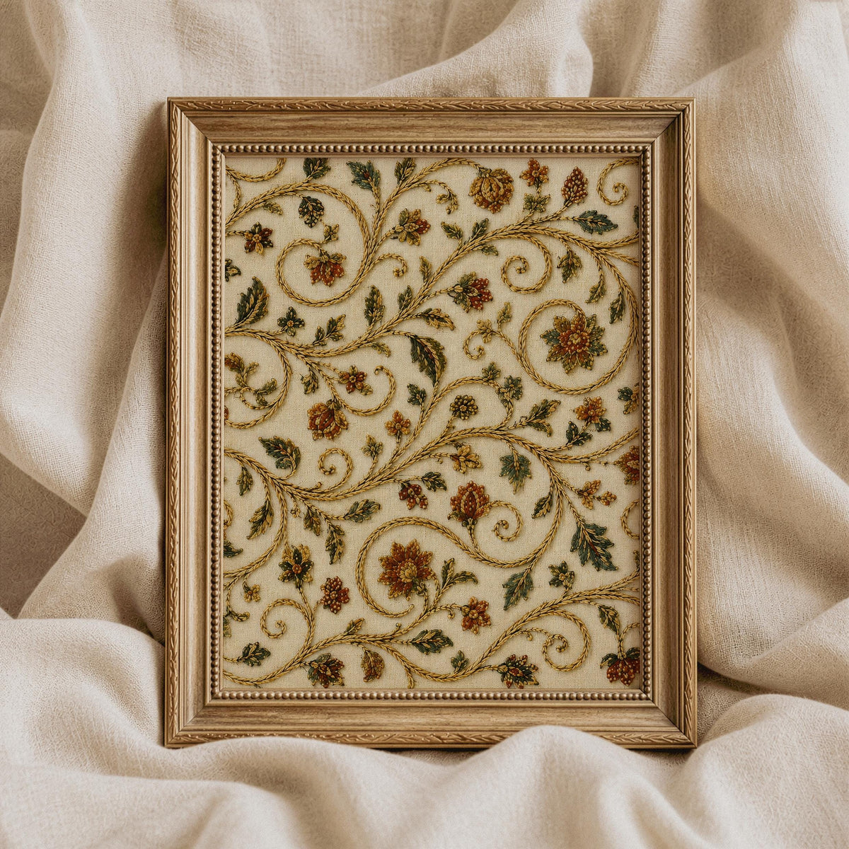 Antique floral embroidery-style print — all-over decorative pattern perfect for traditional farmhouse galleries