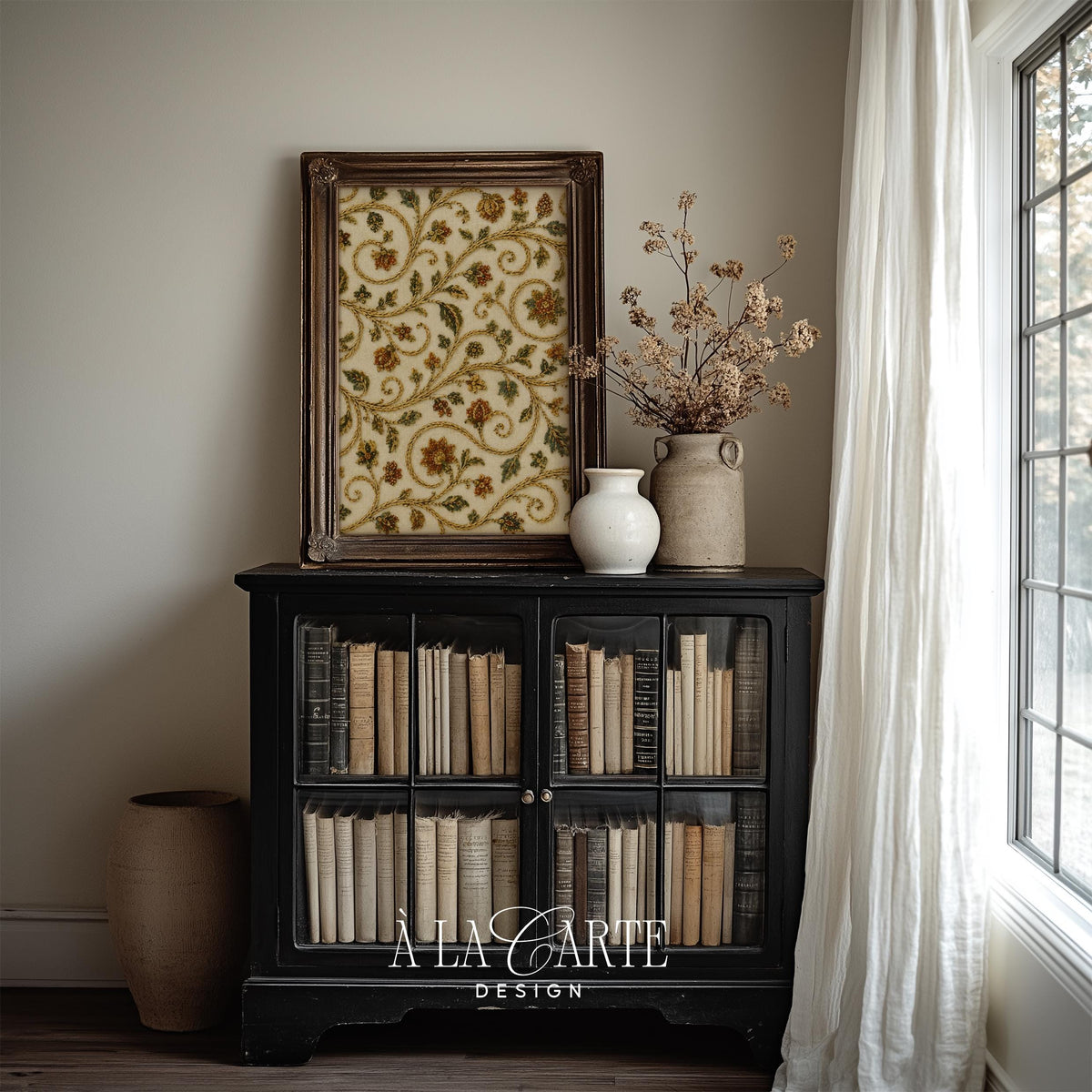 Aged botanical tapestry wall art — old-world ornate vines and flowers in soft gold, sage, and rust tones