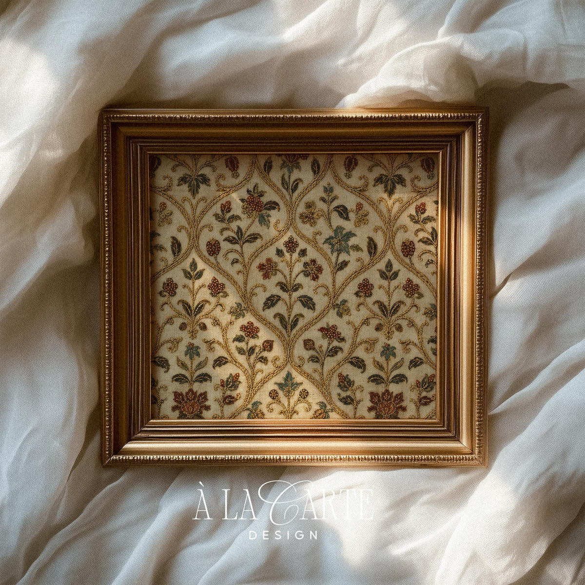 Ornate floral trellis printable art for living room — vintage botanical tapestry in rust, sage, and gold tones
