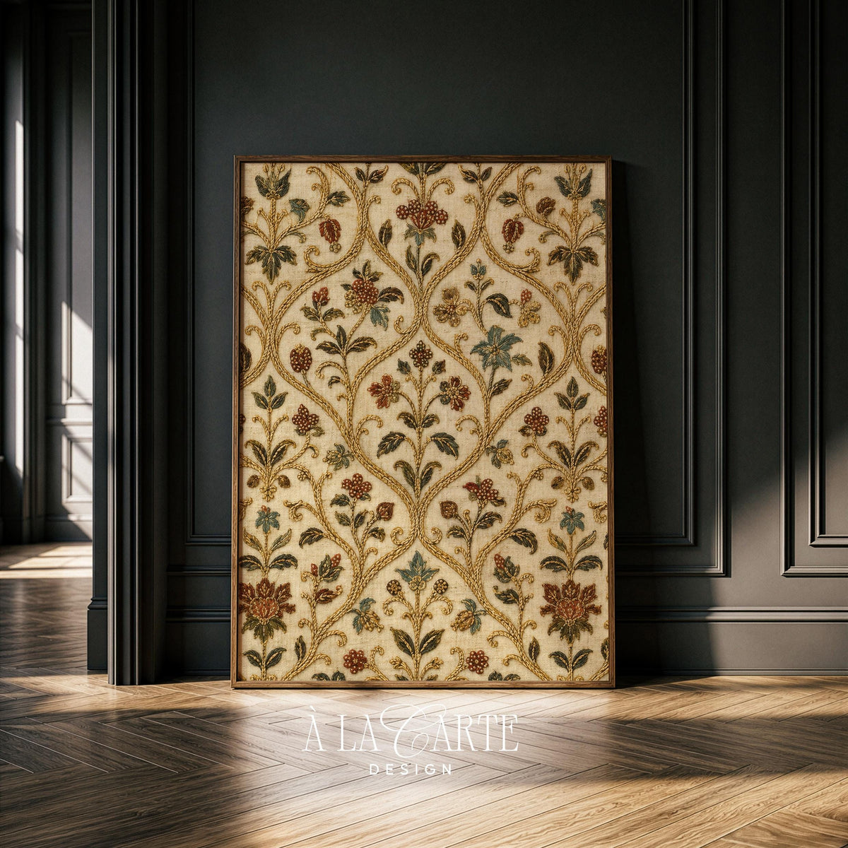Vintage embroidery tapestry art digital download — intricate diamond lattice with rust-red and sage botanical accents
