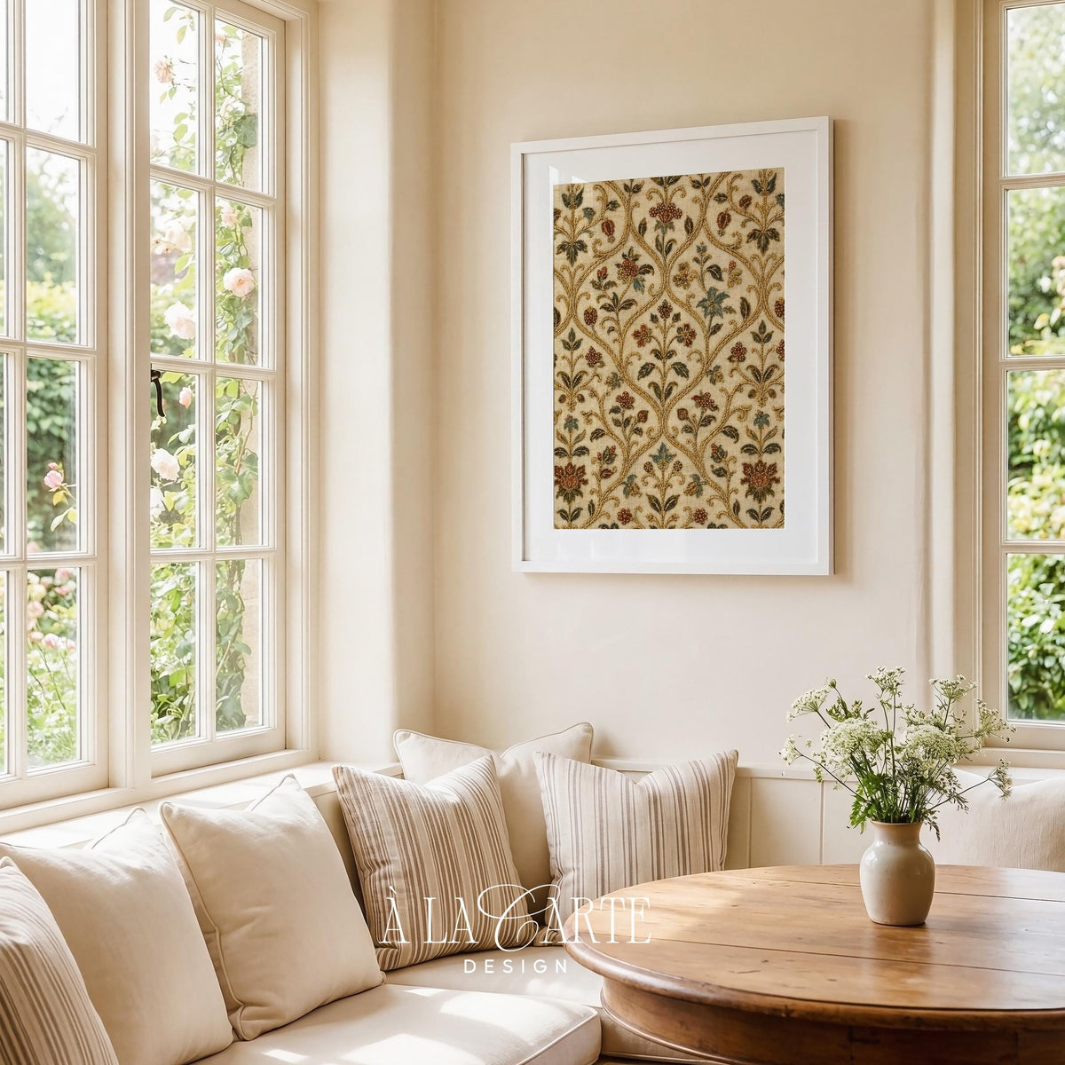 Antique vine lattice poster featuring clustered blooms — rustic textile-inspired wall art with faded ivory background