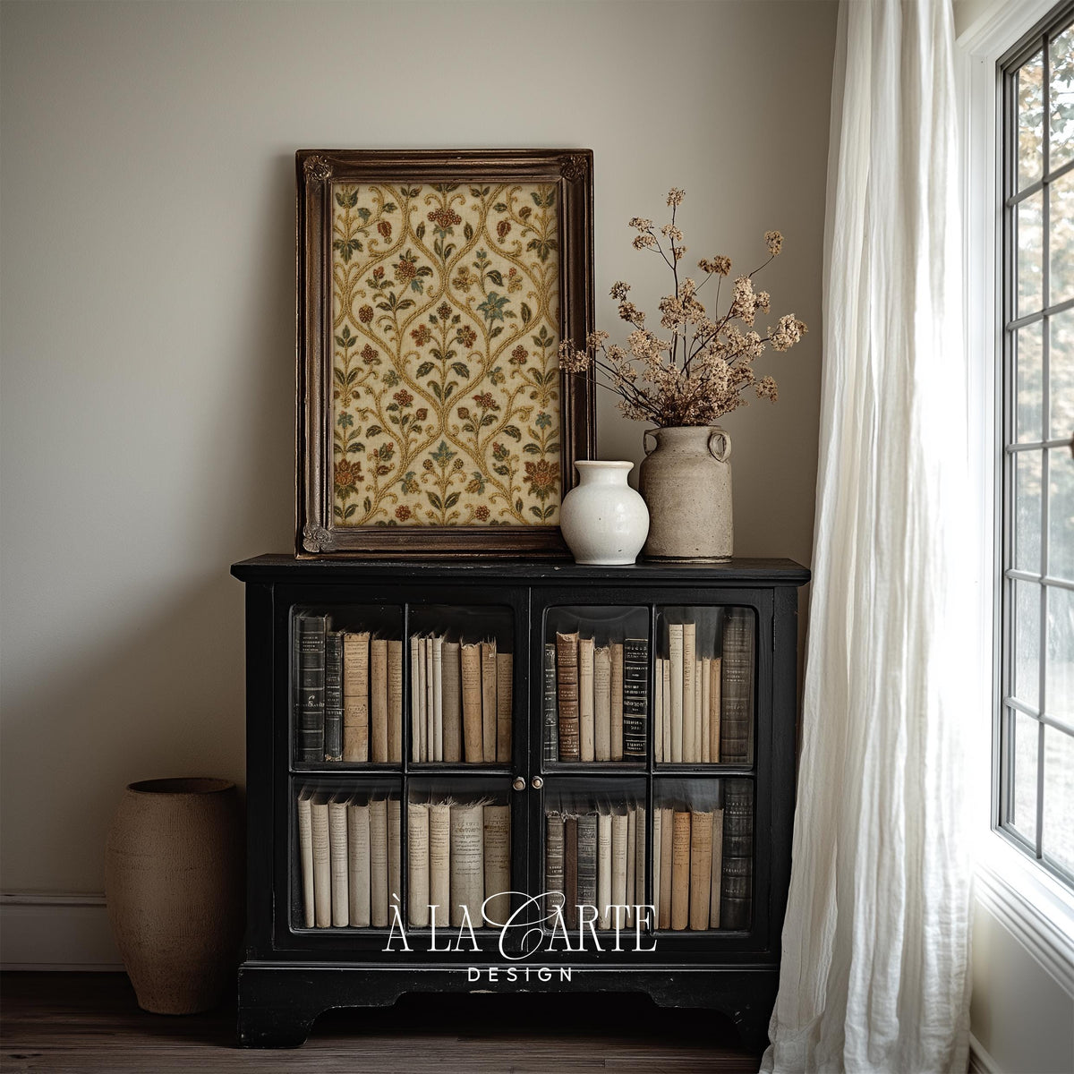 Ornate botanical frame poster for hallway — heirloom textile-inspired print with repeating vine motifs