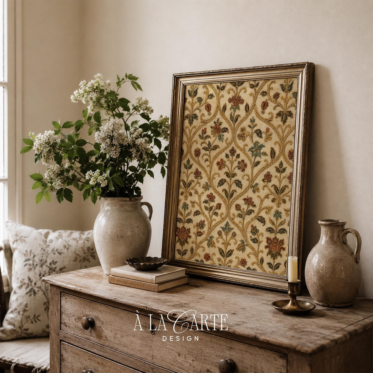Rustic botanical tapestry digital wall art for entryway — vintage textile pattern combining damask and floral elements