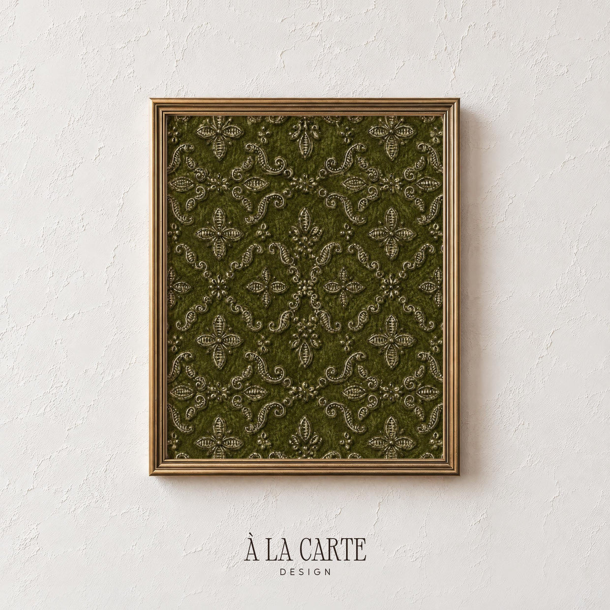 Antique textile pattern printable wall art for entryway — old-world damask with intricate gold embellishments and symmetrical motifs