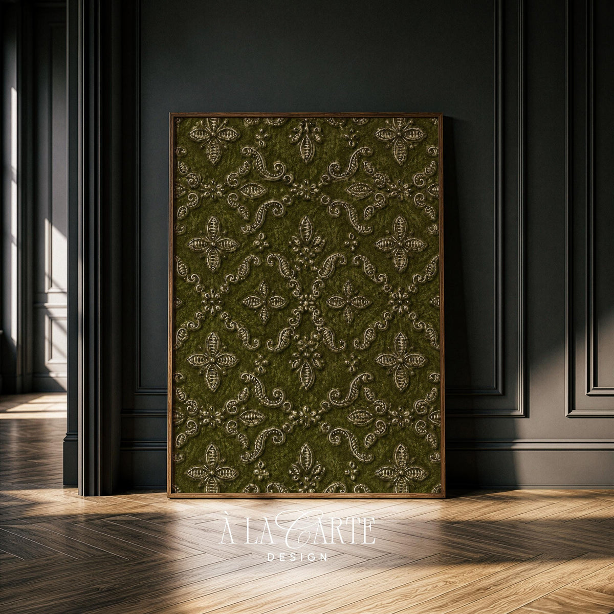 Antique woven-style damask poster for gallery walls — vintage aesthetic featuring intricate lattice framing and botanical ornaments