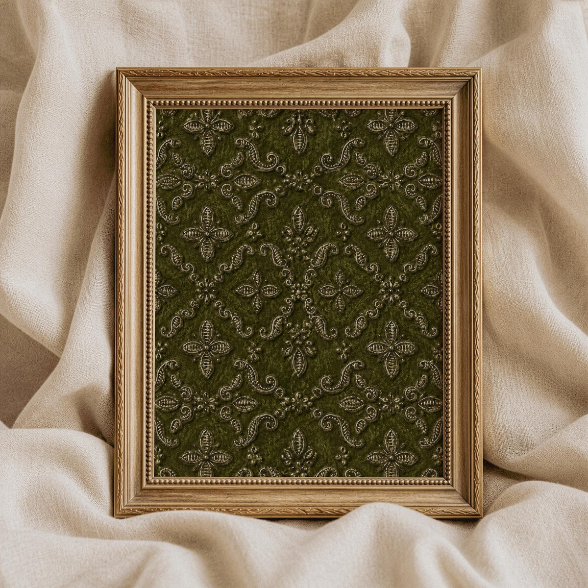 Symmetrical fleur-de-lis print artwork for living room — antique textile design with cream medallion motifs and traditional elegance