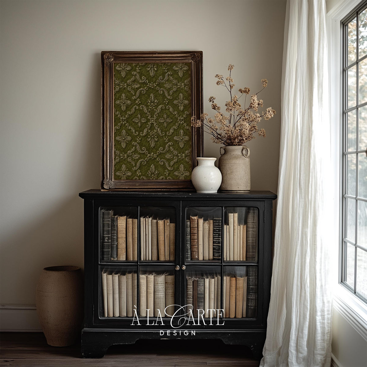 Ornate damask floral poster for bedroom — vintage tapestry-inspired wall art with olive-green and gold scrollwork