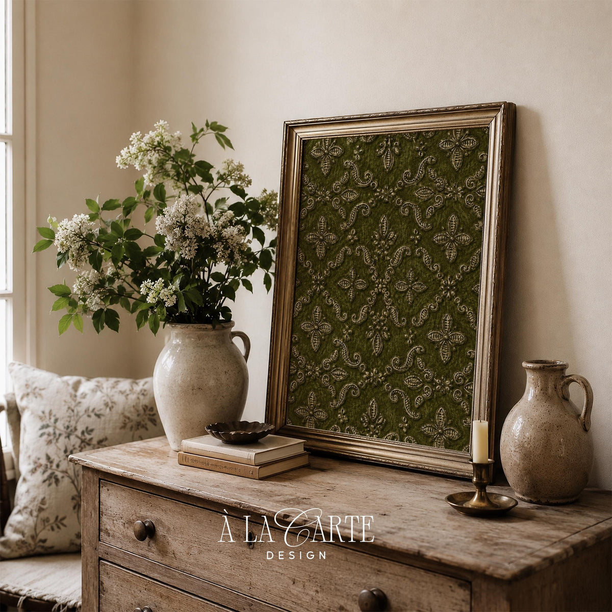 Heritage fleur-de-lis tapestry artwork — gallery wall art featuring traditional embroidered-look damask and ornamental framing