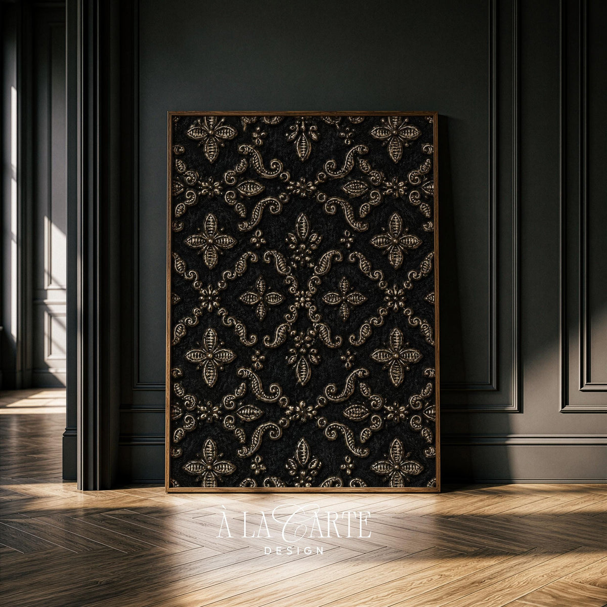Ornamental damask wall print featuring cream and gold ornate details — dark, dramatic moody aesthetic throughout