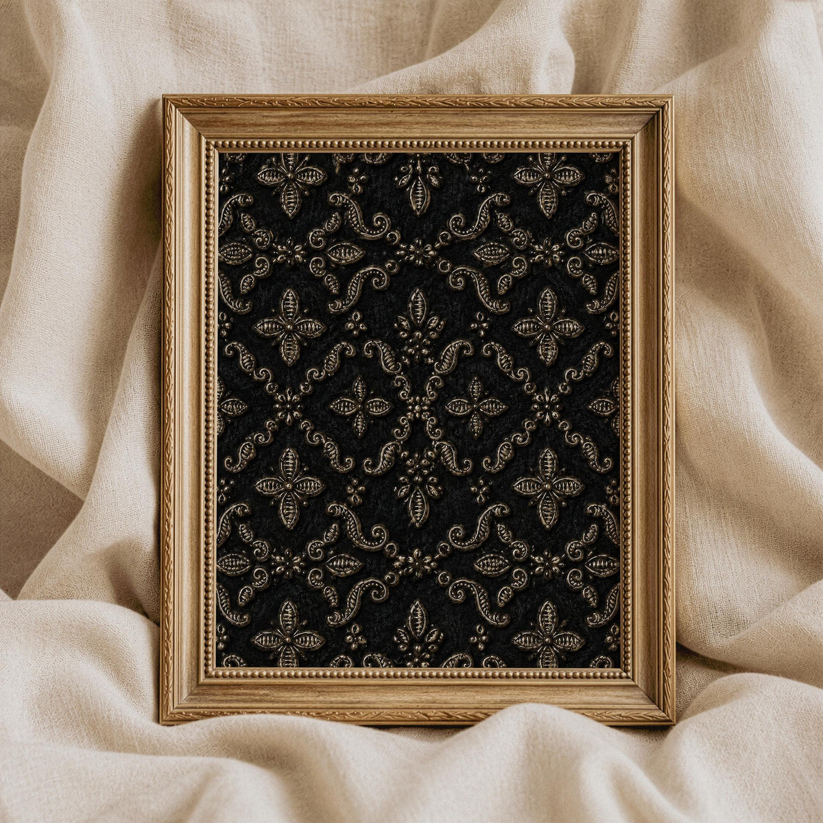 Ornamental damask artwork for dining room — heirloom-quality design featuring interlocking medallions and scrolls