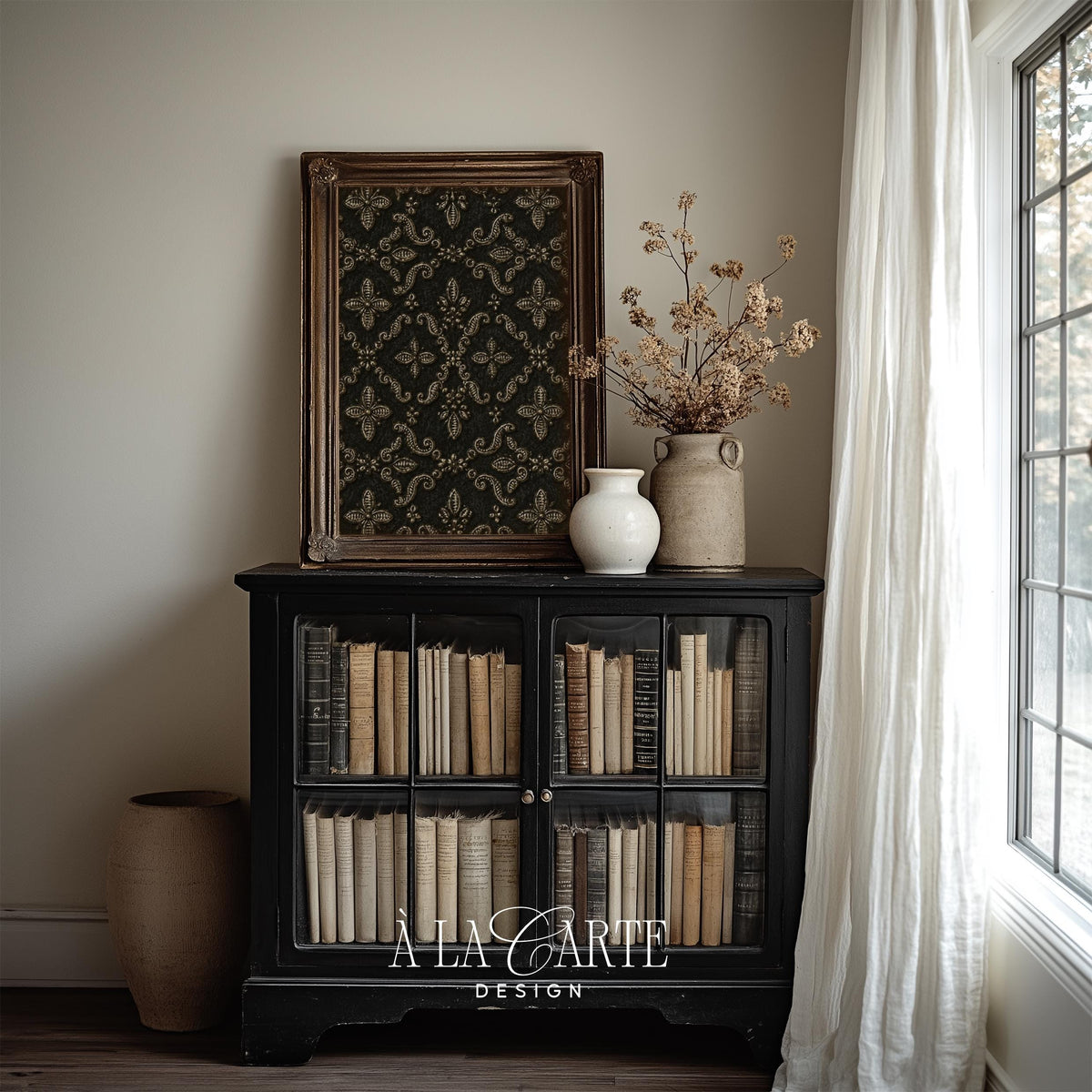 Antique damask design picture for library — dark, moody textile art with luxurious gold and ivory embellishment