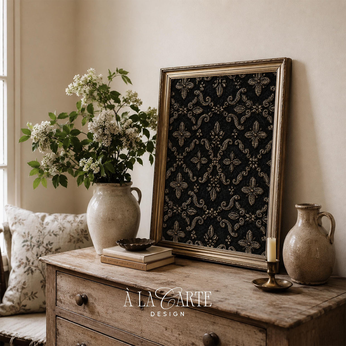 Fleur-de-lis tapestry wall art for study — dark academia luxury print with intricate baroque scrollwork design