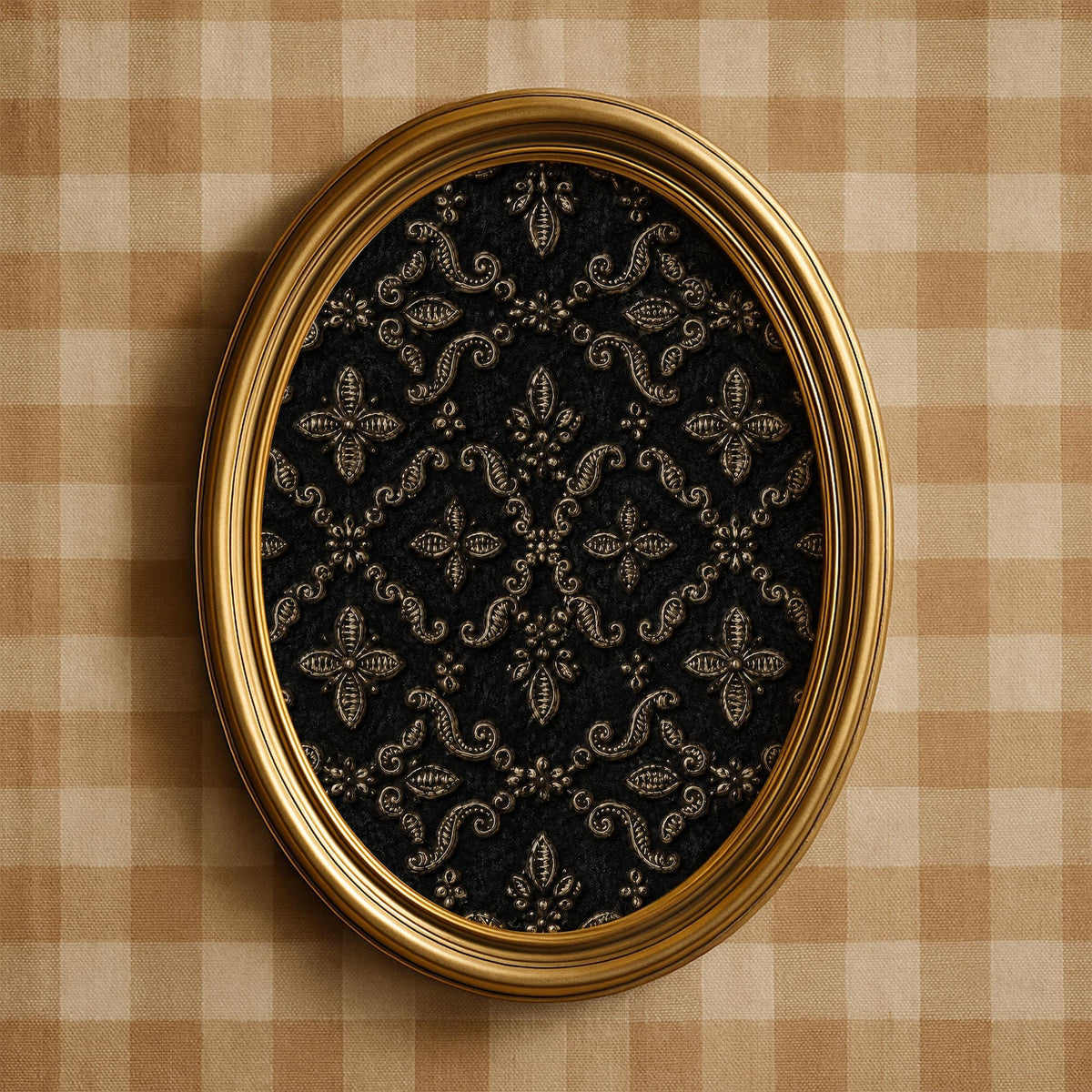 Gothic elegance wall print featuring fleur-de-lis tapestry — textured black background with gold filigree detailing