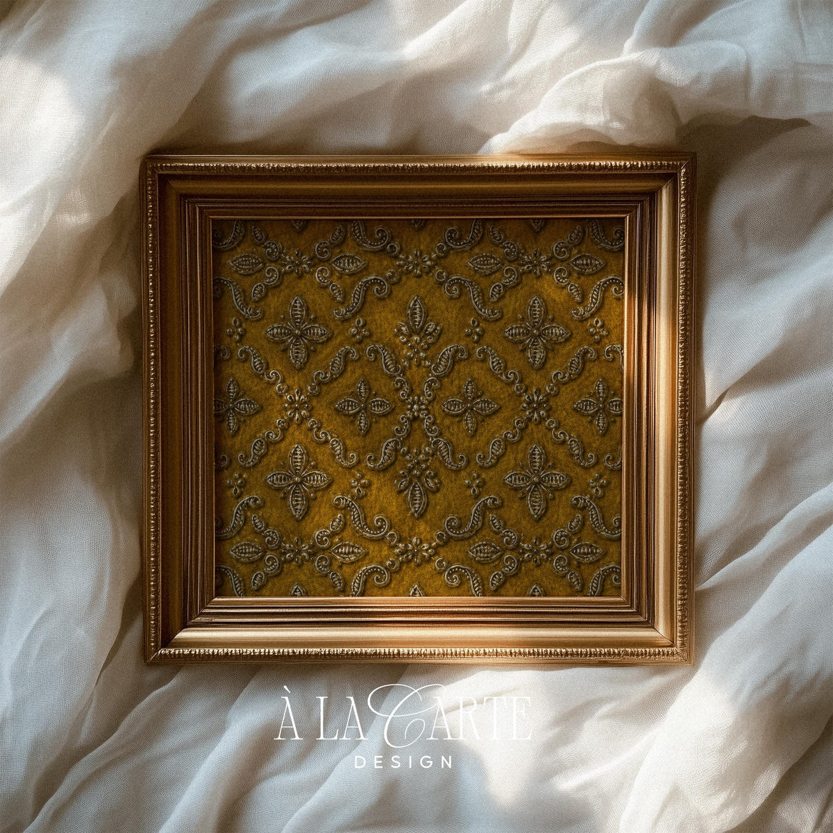 Luxurious embossed damask printable art for library — intricate scrolled motifs and classical florals
