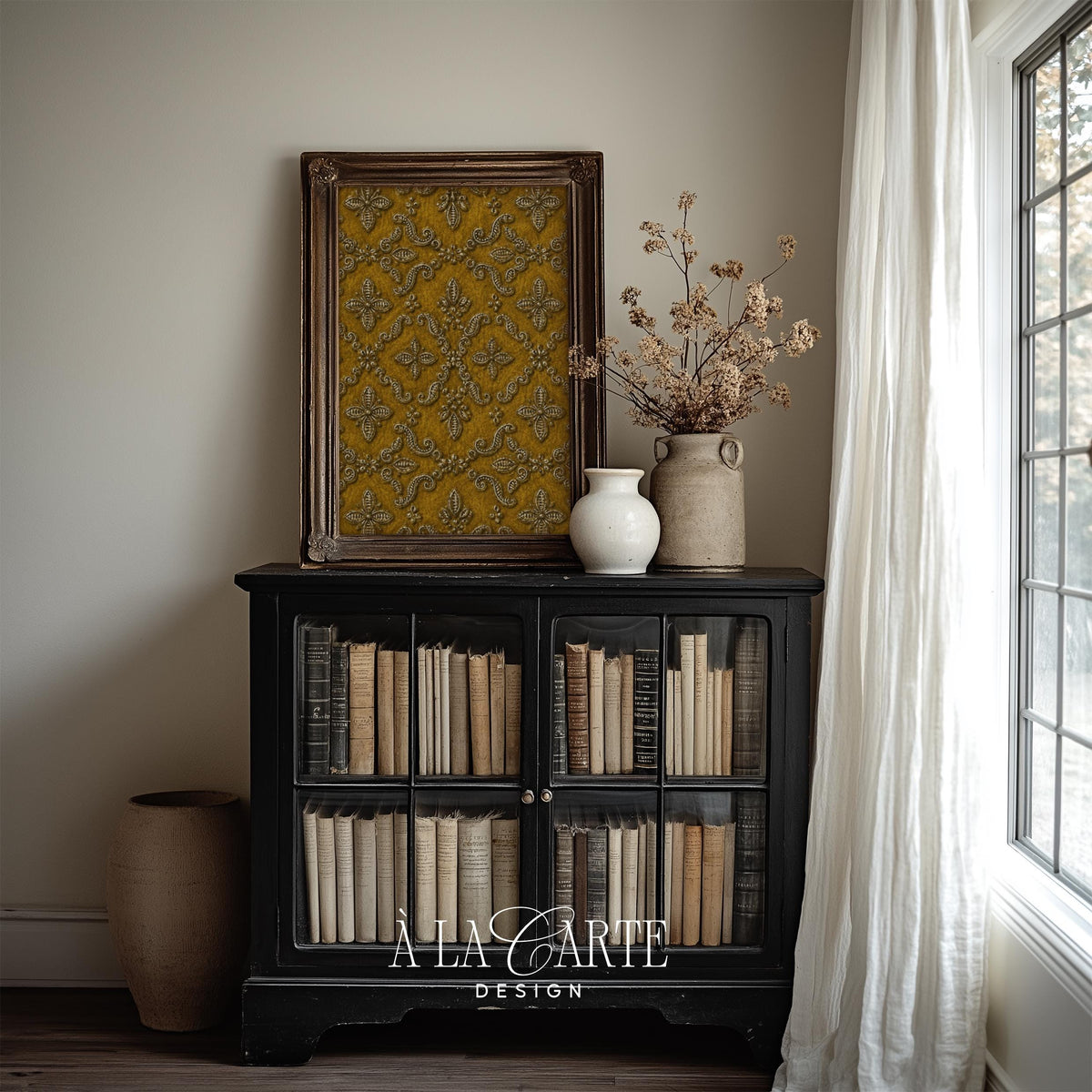Symmetrical scrollwork wall decor digital art — ornate damask pattern in deep bronze with aged appearance