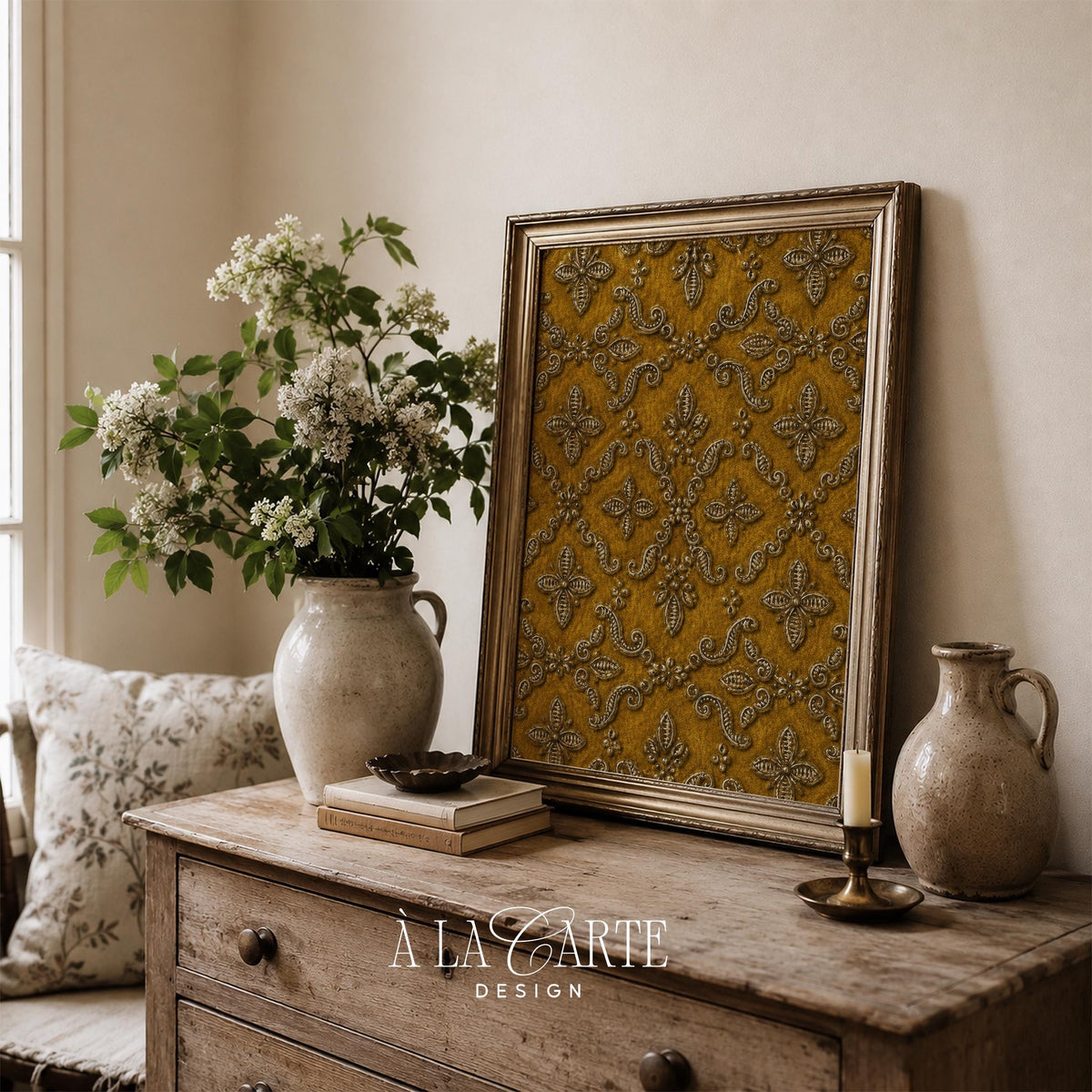 Intricate botanical medallion poster for entryway — vintage textile design with luxe dimensional detailing