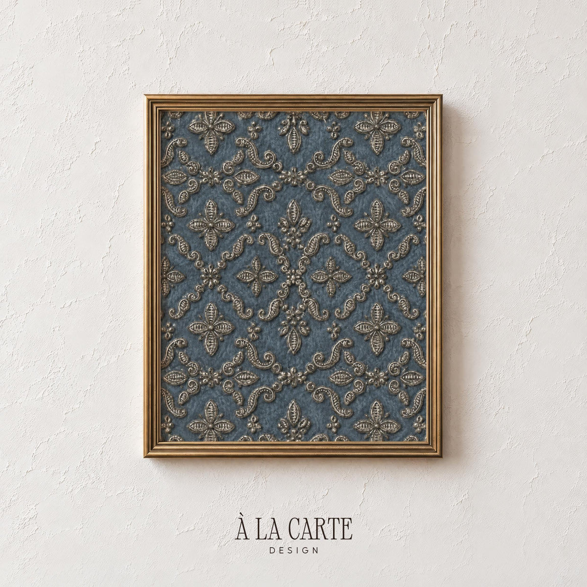 Intricate scrollwork digital print for traditional dining room — antique textile art with symmetrical diamond lattice design