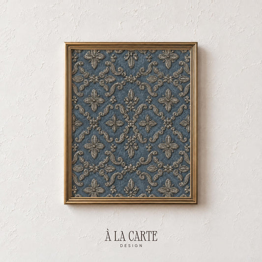 Intricate scrollwork digital print for traditional dining room — antique textile art with symmetrical diamond lattice design