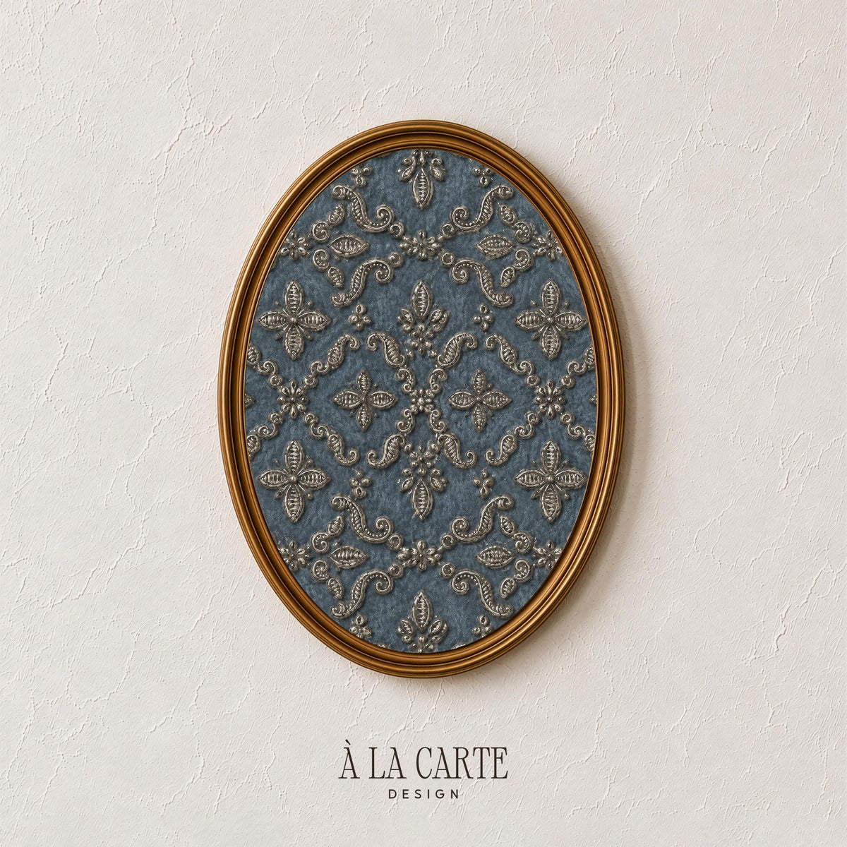Vintage botanical damask poster for gallery wall — elegant artwork featuring intricate geometric florals in tarnished gold palette