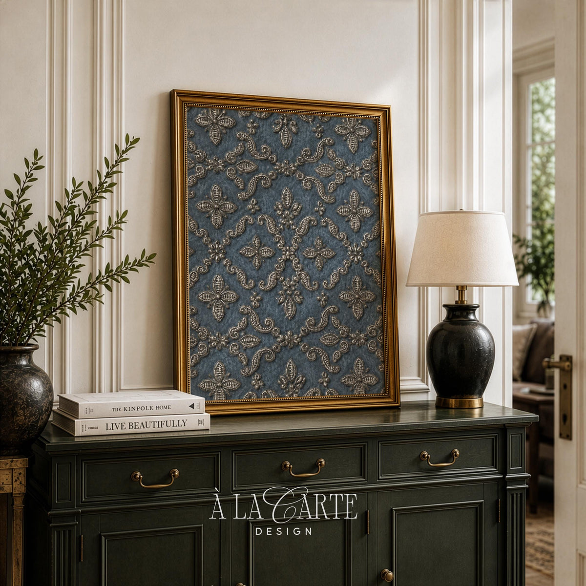 Embossed floral pattern digital art for formal dining — antique tapestry-inspired printable with symmetrical medallion design