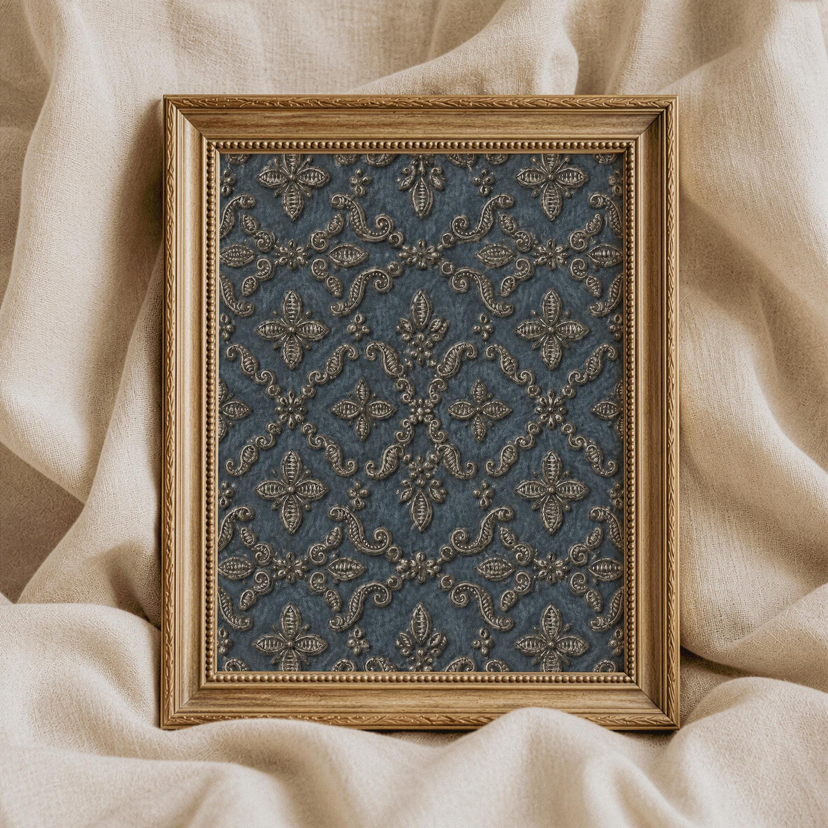 Heirloom textile-style poster featuring fleur-de-lis medallions — traditional wall art for classic interiors in muted jewel tones