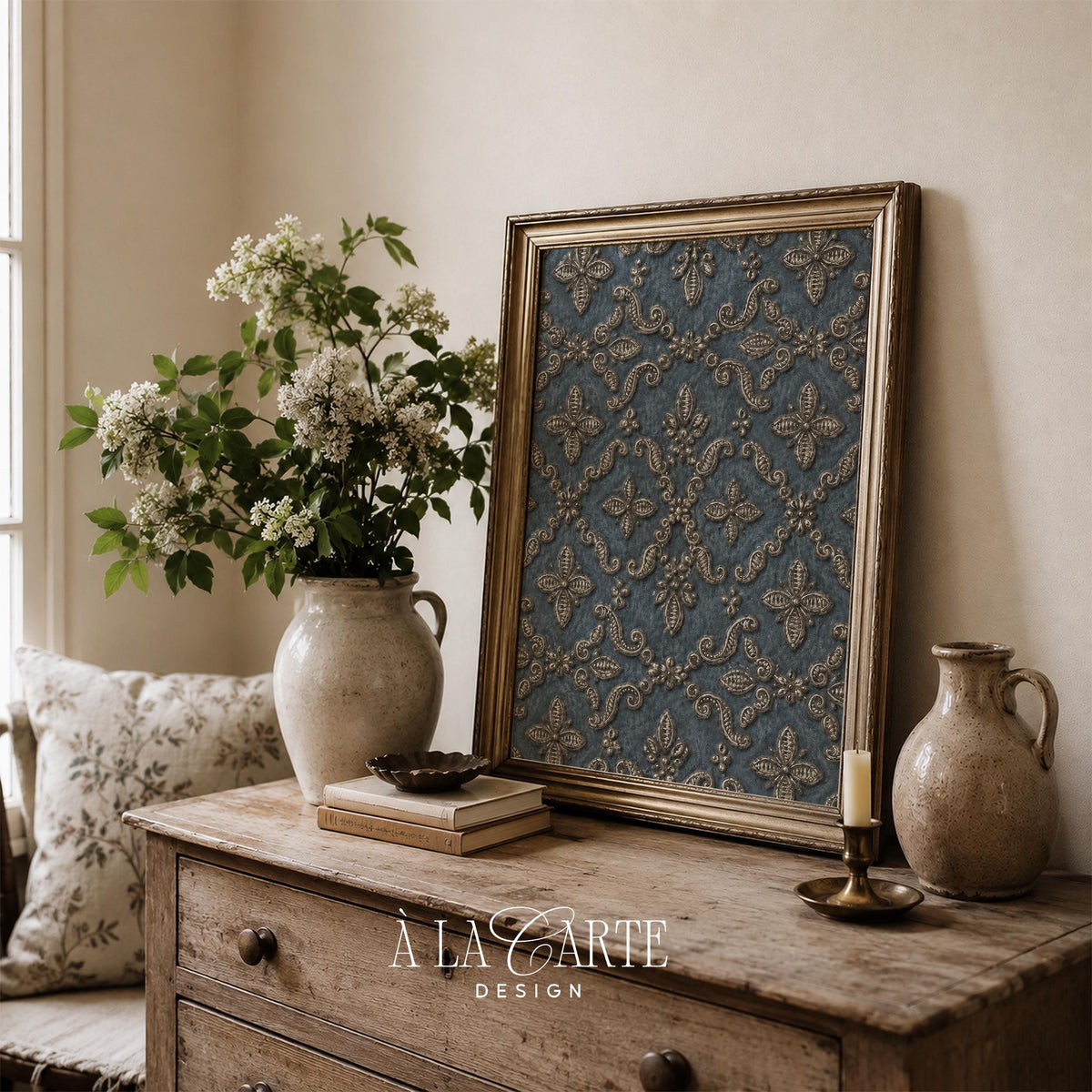 Classical fleur-de-lis digital print featuring lattice patterns — formal wall art in old-world style with richly embellished slate-blue aesthetic