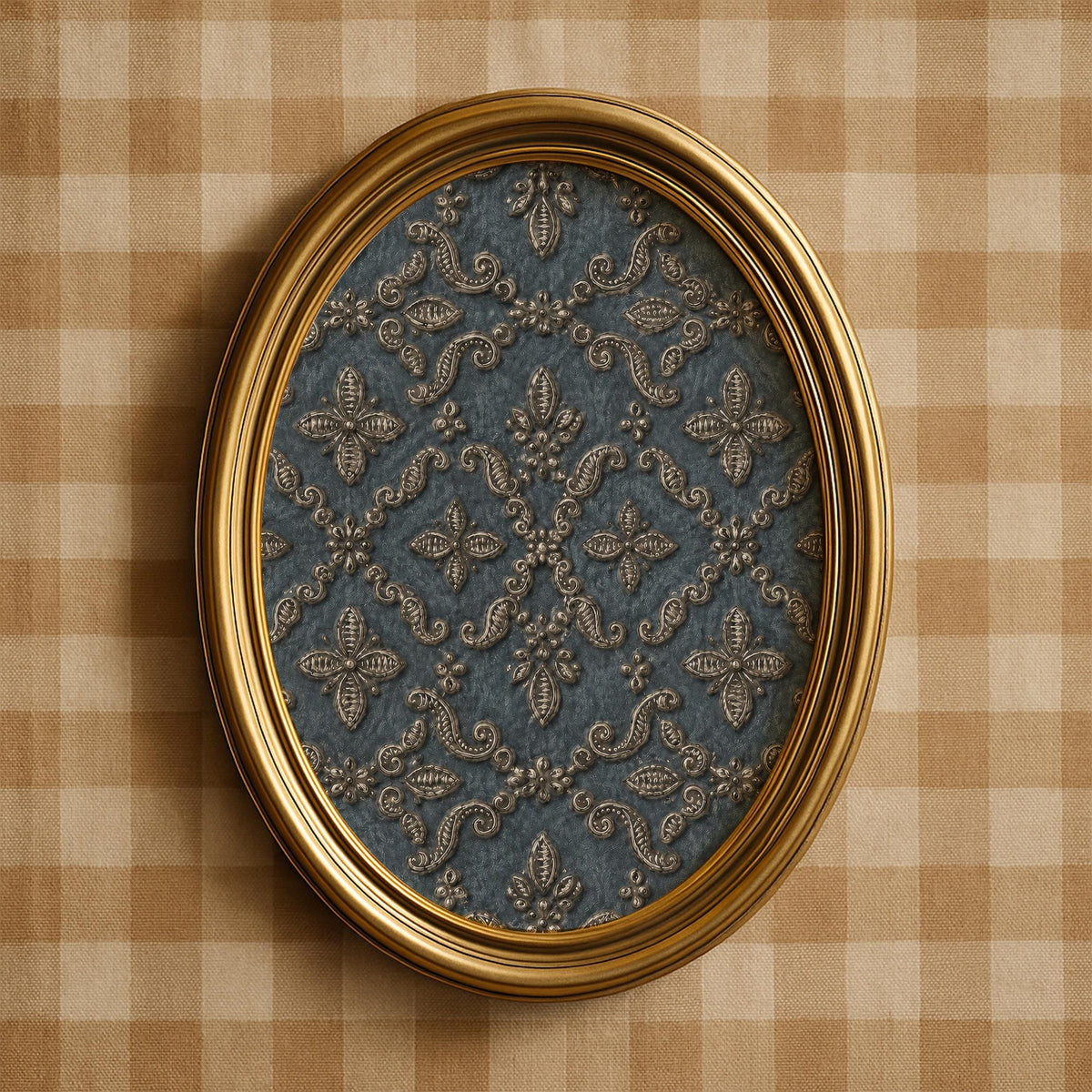 Ornate scrollwork wall art displaying classical motifs — heritage textile-style print for traditional spaces with muted metallic accents